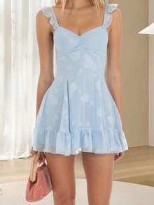Women Mini Dress Solid Color/Floral Print Ruffles Straps A-Line Dress Summer Back Tie-Up Backless Dress - Blue - View 1