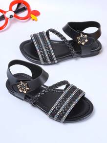 1 Pair Summer Girls Woven Sandals, Casual Fashion Versatile, Flat Beach Strap Princess Shoes, Extremely Soft Material, Suitable For Daily, Vacation And Travel