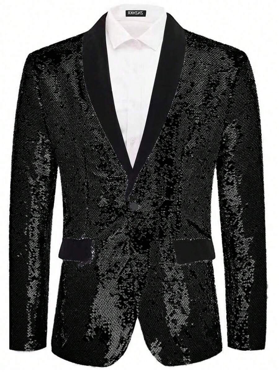 Men's Sequin Suit Jacket, Black And Silver Dual-Color Sequins, Suitable For Nightclub And Stage Performance