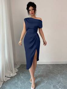 abyoxi Navy Blue Elegant Asymmetric Neckline Waist Handmade Ruched Satin Dress, Suitable For Dates, Birthday Parties, Weddings, Homecoming, New Women's Fashion - Navy Blue - View 5