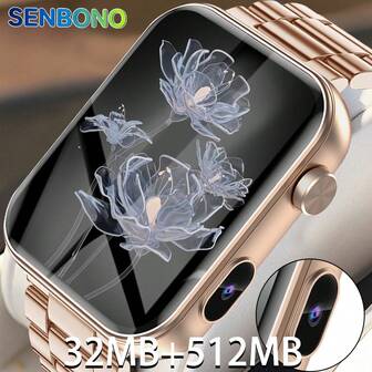  SENBONO 智能手表带摄像头、动态表盘、无线通话、音乐播放器、天气、心率/睡眠监测、计算器、SOS 呼叫、计步器、消息提醒智能手表适用于 Android IOS