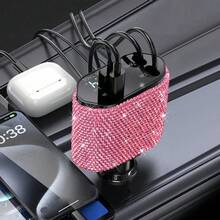 1个双USB车载充电器，手工闪亮水晶钻石汽车装饰，5V快充适配器，兼容安卓/智能手机