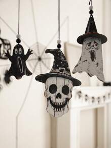1Pc Halloween DIY Wooden Hanging Ornaments – Ghost, Skull & Witch Hat Cutouts With String For Spooky Wall, Door, Ceiling, Party, Haunted House Decor Home Decor Halloween Decor Fall Decor Room Decor