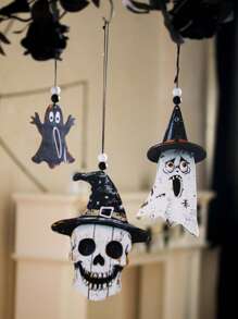 1Pc Halloween DIY Wooden Hanging Ornaments – Ghost, Skull & Witch Hat Cutouts With String For Spooky Wall, Door, Ceiling, Party, Haunted House Decor Home Decor Halloween Decor Fall Decor Room Decor