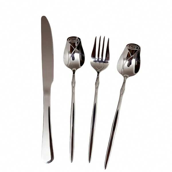 4pcs Rose Flower Silverware Set, Luxury Stainless Steel Cutlery Set Including Knife, Fork, Spoon, Flatware For Home, Kitchen, Restaurant, Dinner, Party, Christmas, Thanksgiving, Polished Mirror Finish, Dishwasher Safe,School Supplies