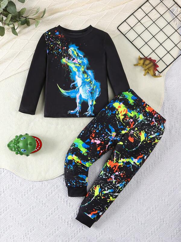 Conjunto de camiseta de manga larga y pantalones con estampado digital de Tiranosaurio Rex neón para niños, moda informal y de fiesta