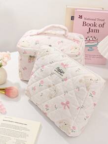 1 Peça/Conjunto Bolsa de Maquiagem Grande com Capacidade Rosa com Coelho e Laço, Bolsa de Cosméticos de Viagem para Estudantes do Ensino Médio, Universitários, Trabalhadores de Escritório, Estilo Doce, Conjunto de Bolsas de Cosméticos Adequado como Presentes de Casamento, Presentes de Formatura, Presentes de Aniversário, Presentes do Dia das Mães, Bolsa Acolchoada com Estampa Floral para Decoração Doméstica, Decoração de Casamento, Bolsa com Zíper e Alça para Viagem, Essenciais de Viagem, Férias, Verão, Volta às Aulas, Material Escolar, Bolsa para Mulheres, Bolsa de Maquiagem para Viagem