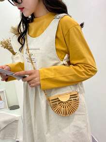 Fashion Half Moon Wooden Shoulder Crossbody Bags For Women Bamboo Woven Summer Beach Straw Bag Rattan Small Phone Purse Mini Bag