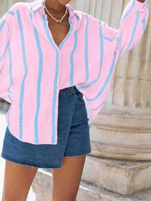 Women's Pink Striped Loose Blouse, Elegant Cardigan Top, Fashionable For Commute, Daily Wear, Valentine's Day Outing, Fit For Spring & Summer - Pink and Blue Stripes - View 3