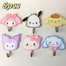 Sanrio Sanrio Cute Cartoon Sticky Hooks Featuring Characters Like Hello Kitty, Cinnamoroll, Kuromi, My Melody, And Pompom Purin, No-Drill Daily Home Decor Hooks, Perfect For Hanging Bath Towels, Hand Towels, Bags, Kitchen Tools, And Key Storage, Suitable For Living Room, Kitchen, Bathroom, Bedroom, Office Accessories