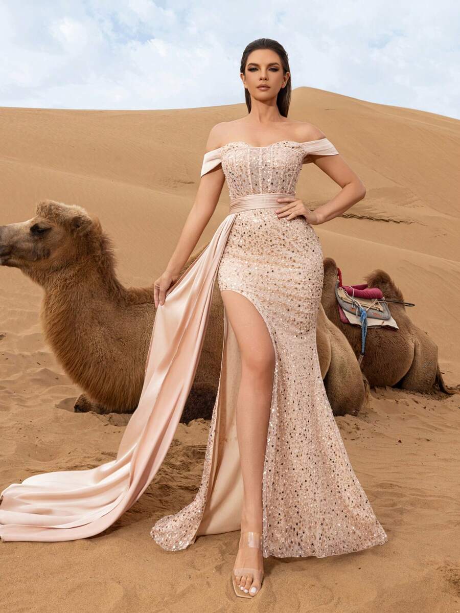 Faeriesty Rochie de seară elegantă, cu paiete și mărgele - siluetă de sirenă, cu umeri goi, talie cu curea, detalii asimetrice cu crăpături înalte, pentru galele de covor roșu, nunți de lux, evenimente de seară formale