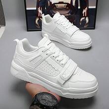WANWEISI Chaussures de skateboard pour hommes - Chaussures de skate style bas, motif de litchi en boucle et crochet, baskets plates décontractées - Chaussures plates blanches unies pour hommes - Chaussures - Bottes de sport - Chaussures blanches - Chaussures pour hommes - Convient aux activités quotidiennes, aux loisirs extérieurs et plus encore - Blanc - Voir 2