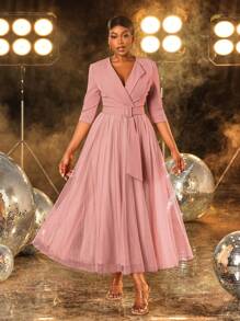 Faeriesty Elegante vestido de cóctel midi con cuello cruzado y cinturón