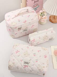 1 Peça/Conjunto Bolsa de Maquiagem Grande com Capacidade Rosa com Coelho e Laço, Bolsa de Cosméticos de Viagem para Estudantes do Ensino Médio, Universitários, Trabalhadores de Escritório, Estilo Doce, Conjunto de Bolsas de Cosméticos Adequado como Presentes de Casamento, Presentes de Formatura, Presentes de Aniversário, Presentes do Dia das Mães, Bolsa Acolchoada com Estampa Floral para Decoração Doméstica, Decoração de Casamento, Bolsa com Zíper e Alça para Viagem, Essenciais de Viagem, Férias, Verão, Volta às Aulas, Material Escolar, Bolsa para Mulheres, Bolsa de Maquiagem para Viagem