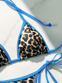 Women's Backless Leopard Print Patchwork Bikini Set (Top And Bottom), Casual Summer - Blue - View 4