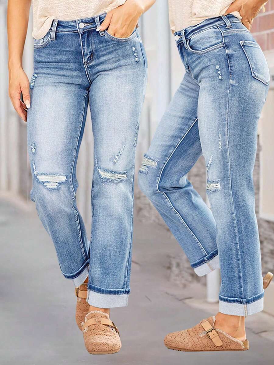 New Women's Fashion Stretch Ripped Slim Fit Jeans With Pockets - Elastic Straight Leg Denim Pants - Light Wash - View 1