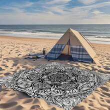 1pc Digital Printed Outdoor Picnic Mat, Beach Blanket, Black & White Mandala Design, Personalized, Fade Resistant, Lightweight Portable, 120g Polyester, With 4 Stake Pegs, Thick Protection, Suitable For Picnic, Camping, Beach, Yard