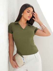 Women's Polo Shirt, Short Sleeve, Cotton, Simple, Casual, Knit, Everyday Wear - Army Green - View 4