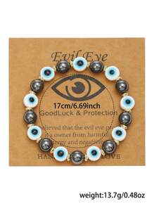 1pc Fashion Chic Obsidian Acrylic Evil Eye Beaded Elastic Bracelet For Women, Suitable For Daily Wear