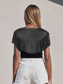 Women Crop Vest Tops Sleeveless Open Front Tasseled Solid Outwear Gilet For Casual Street - 黑色 - 查看 2