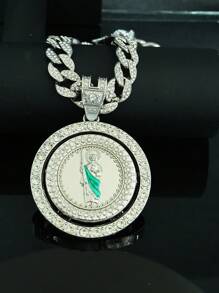 1pc Rotatable Jesus Pendant Necklace + 1pc Green Oil Drop Jesus Bracelet Set, Stylish Hip Hop Gift For Men, Suitable For Daily Wear