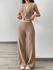 Conjunto de chaleco de verano de 2 piezas para mujer, con botones, chaleco y pantalones de pierna ancha - Caqui - Ver 6