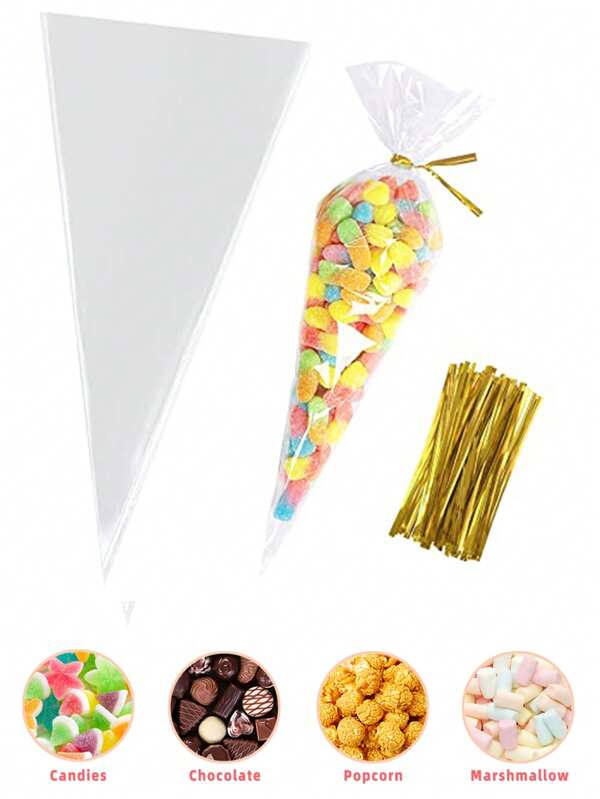 100pcs Cone Shaped Cellophane Bags With Golden Twist Ties, Clear Rectangle DIY Candy Bag,Plastic Triangle Bag,Perfect For Packaging Popcorn, Candy, Chocolate Cookies Etc, Food Gifts - Reusable, Durable, Baking Shop, And Party Supplies,Wedding Favors,Birthdays, Bachelorette Parties, Christmas, Easter, Valentine's Day,Birthday Party Decoration,School Supplies Food Bag Food Box
