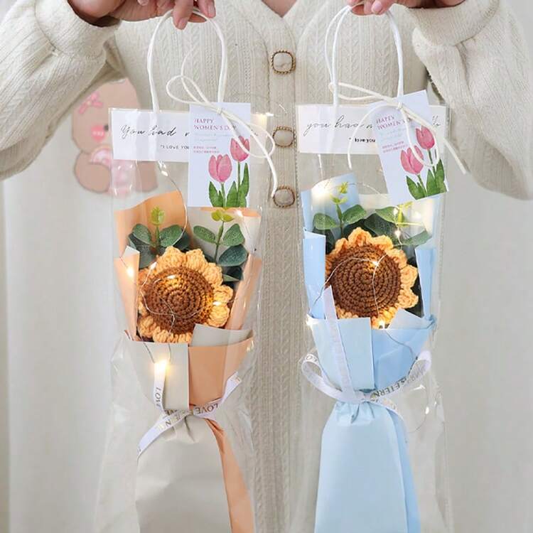 1 件 [无灯条] 毕业礼物创意迷你针织花泡芙花束，向日葵人造花束，迷你针织花束，毕业、生日、婚礼、情人节礼物，装饰品，送给老师、女朋友、最好的朋友 - 8朵泡芙花 - 查看 8