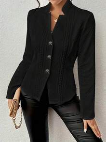 Women's Casual Stretch Polyester-Blend Single-Breasted Long Sleeve Jacket, Regular Fit Unlined Lightweight Knit For Spring & Fall, Solid Color Versatile Outerwear - 黑色 - 查看 4