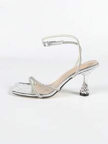 Giày cao gót hở mũi kim loại đính đá Rhinestone chéo màu bạc cho nữ, giày dự tiệc sang trọng, thời trang gợi cảm, thoải mái - Bạc - Xem 5