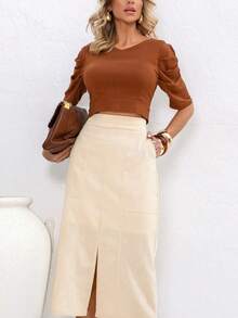 Linen Midi Skirt With Stylish Slit And Flexible Waist - Cream - View 4