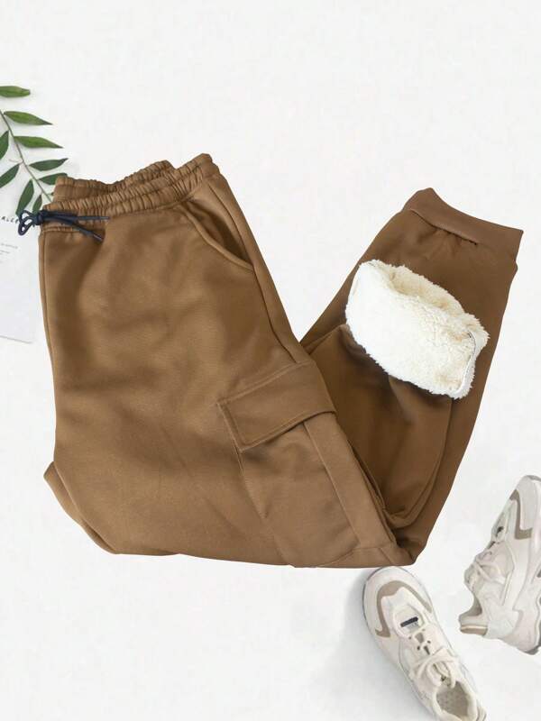 1pc Men's Outdoor Casual Fleece Lined Drawstring Waist Long Pants, Autumn/Winter