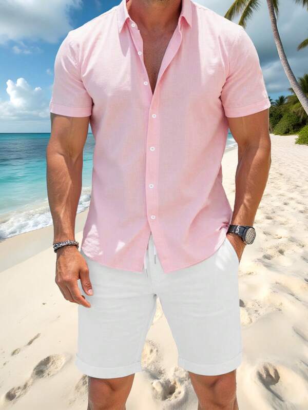 New Fashionable Men's Outfit Set: Light Pink Shirt, White Sweatshirt & Shorts, Stretchy Lightweight Summer Suit For Vacation, Daily Wear, Travel