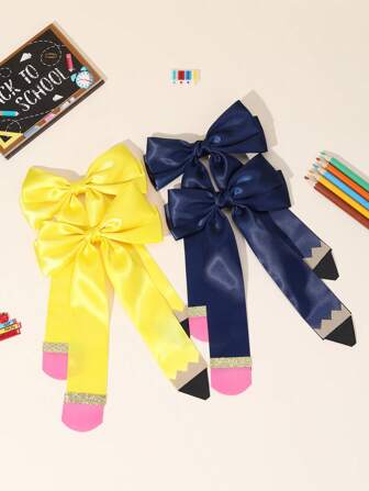 2 件装开学第一天女士发饰，女孩纯色铅笔蝴蝶结发夹，黄色海军蓝丝带蝴蝶结鳄鱼夹，可爱铅笔蝴蝶结发夹，适合开学第一天女士发饰，扁平爪夹，发夹，发夹，学校用品