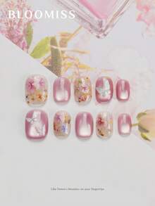 10 片手工制作短款指甲贴，粉色指甲，温柔花朵，夏季指甲，可重复使用假指甲