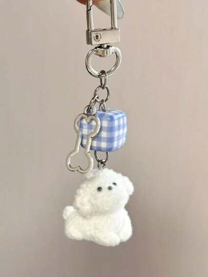 1 件男女通用可爱卡通植绒小白狗钥匙扣，可爱骨头和蓝白珠子配饰，适合学生、手机壳、包吊坠汽车配件包饰背包学校哥特 Y2k 包配件挂绳带身份证夹汽车配件包饰