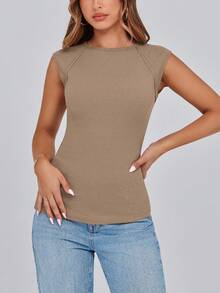 Women's Summer Clothes Tanktop Casual Ribbed Cap Sleeve Slim Fitted Knit Basic Cute Tops Tee Shirts  Fashion Vacation Khaki Clothes Tops For Women - 卡其色 - 查看 2
