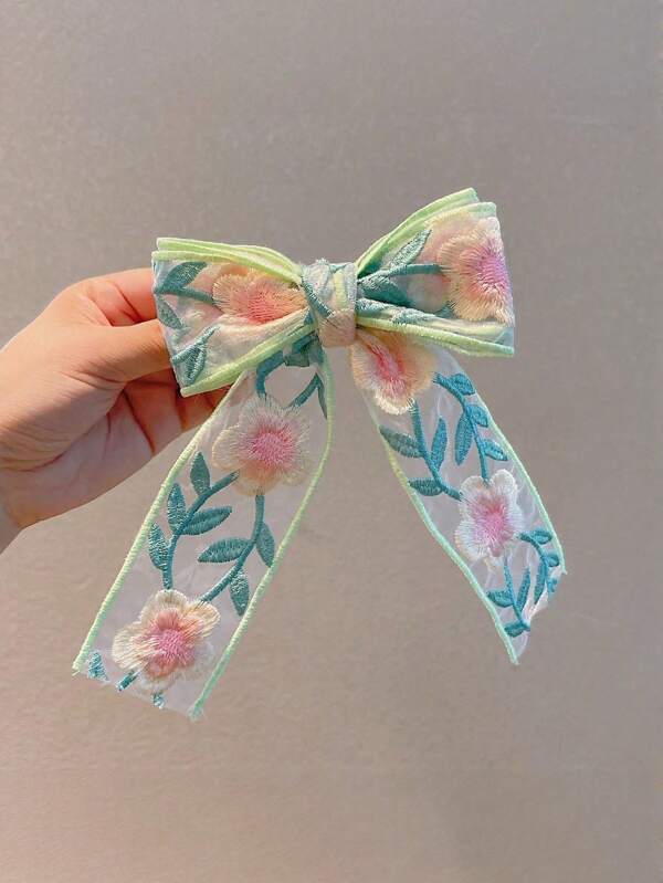 1pc Cute Sweet Floral Embroidery Bow Ribbon Hairclip, Suitable For Daily Wear, A Gift For Girlfriends ,Hair Accessory ,Summer Accessoires,Travel, Claw Clips, Clips For Hair, Hair Slide, Hair Claws