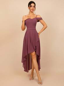 MOEVIO Women's Elegant Spaghetti Straps Chiffon High Low Cold Shoulder Midi Backless High Split Formal Bridesmaid Wedding Guest Evening Party Dress Spring Summer Vacation Homecoming Gathering Gown