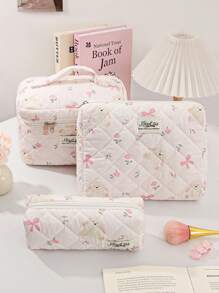1 Peça/Conjunto Bolsa de Maquiagem Grande com Capacidade Rosa com Coelho e Laço, Bolsa de Cosméticos de Viagem para Estudantes do Ensino Médio, Universitários, Trabalhadores de Escritório, Estilo Doce, Conjunto de Bolsas de Cosméticos Adequado como Presentes de Casamento, Presentes de Formatura, Presentes de Aniversário, Presentes do Dia das Mães, Bolsa Acolchoada com Estampa Floral para Decoração Doméstica, Decoração de Casamento, Bolsa com Zíper e Alça para Viagem, Essenciais de Viagem, Férias, Verão, Volta às Aulas, Material Escolar, Bolsa para Mulheres, Bolsa de Maquiagem para Viagem