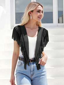 Women Tassel Vest Y2K Sleeveless Fringe Wide Eyes Suede Collar Shawl Open Front Boho Western Jacket Cardigan - 黑色 - 查看 6