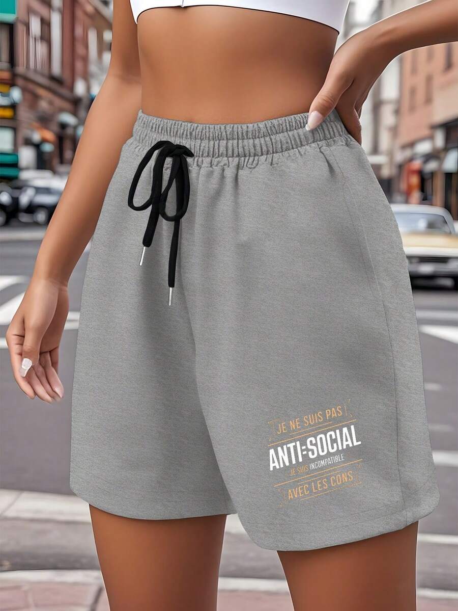Typography Dramatic I AM NOT ANTI SOCIAL Overseas Printing Women's Casual Shorts Comfort Fit - Grey - View 1