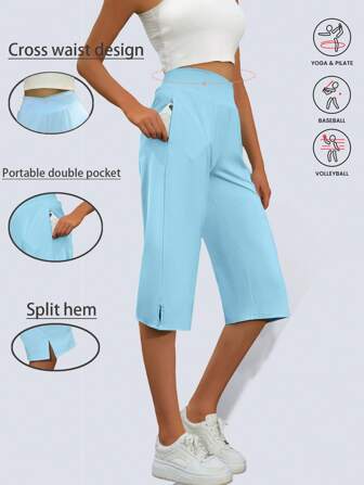 1 件女士休闲户外运动七分裤，夏季新款纯色透气高弹舒适 7/8 裤，采用弹力面料和交叉腰部设计，适合街头、网球、休闲和慢跑