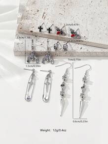 6 Pairs Gothic Skull, Cross, Bat, Spike-Shaped Halloween Design Fashion Earring Set