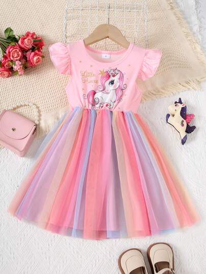 Young Girls' Cute Unicorn Print Patchwork Colorful Mesh Dress With Ruffle Sleeves, Round Neck, Fashion Princess Party/Holiday/Casual Wear