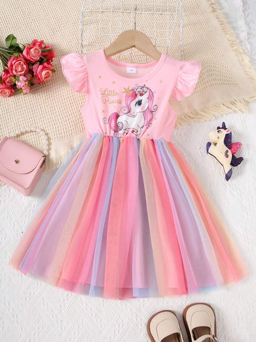 Young Girls' Cute Unicorn Print Patchwork Colorful Mesh Dress With Ruffle Sleeves, Round Neck, Fashion Princess Party/Holiday/Casual Wear - Pink - View 1