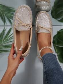 优雅时尚女士水钻平底鞋，带蝴蝶结 - 防滑、舒适、可折叠、适合所有季节，送给妈妈的礼物 - 卡其色 - 查看 1