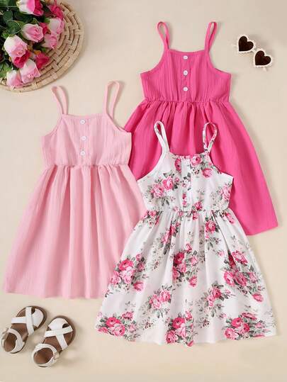 3 件套夏季年轻女孩休闲连衣裙套装：纯色简约纽扣露肩连衣裙，花卉印花细肩带太阳裙，适合日常、户外活动