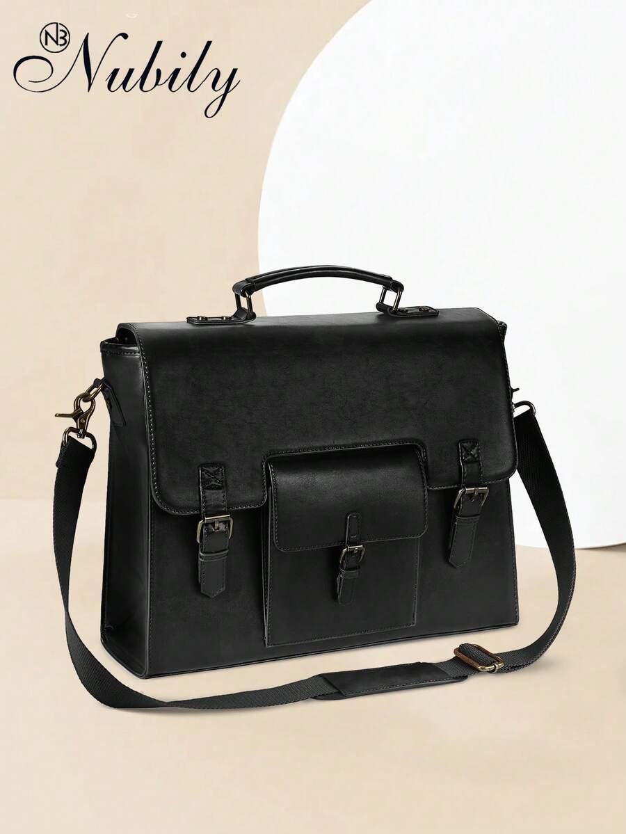 Vintage Leather Messenger Bag For Men - 15.6 Inch Waterproof Laptop Briefcase - Large Satchel Shoulder Bag For Office, Travel & College | Fits Most 15.6" Laptops - 黑色 - 查看 1