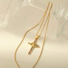 1pc Elegant Crystal Cross Pendant Necklace, Unisex - Stainless Steel, Gold Chain, Inlaid With Black, Transparent And Pink Gems, Versatile Jewelry Gift For Men And Women, Suitable For Casual Or Formal Occasions | Graceful Necklace | Cross Necklace